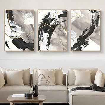 Black and White Abstract Wall Art Wall Decor for Living Room Abstract Black and Gold Gray 3 Piece Prints Modern Aesthetic Wall Artworks Office Gold Pictures Wall Decor 16x24in x3 Unframed Black and