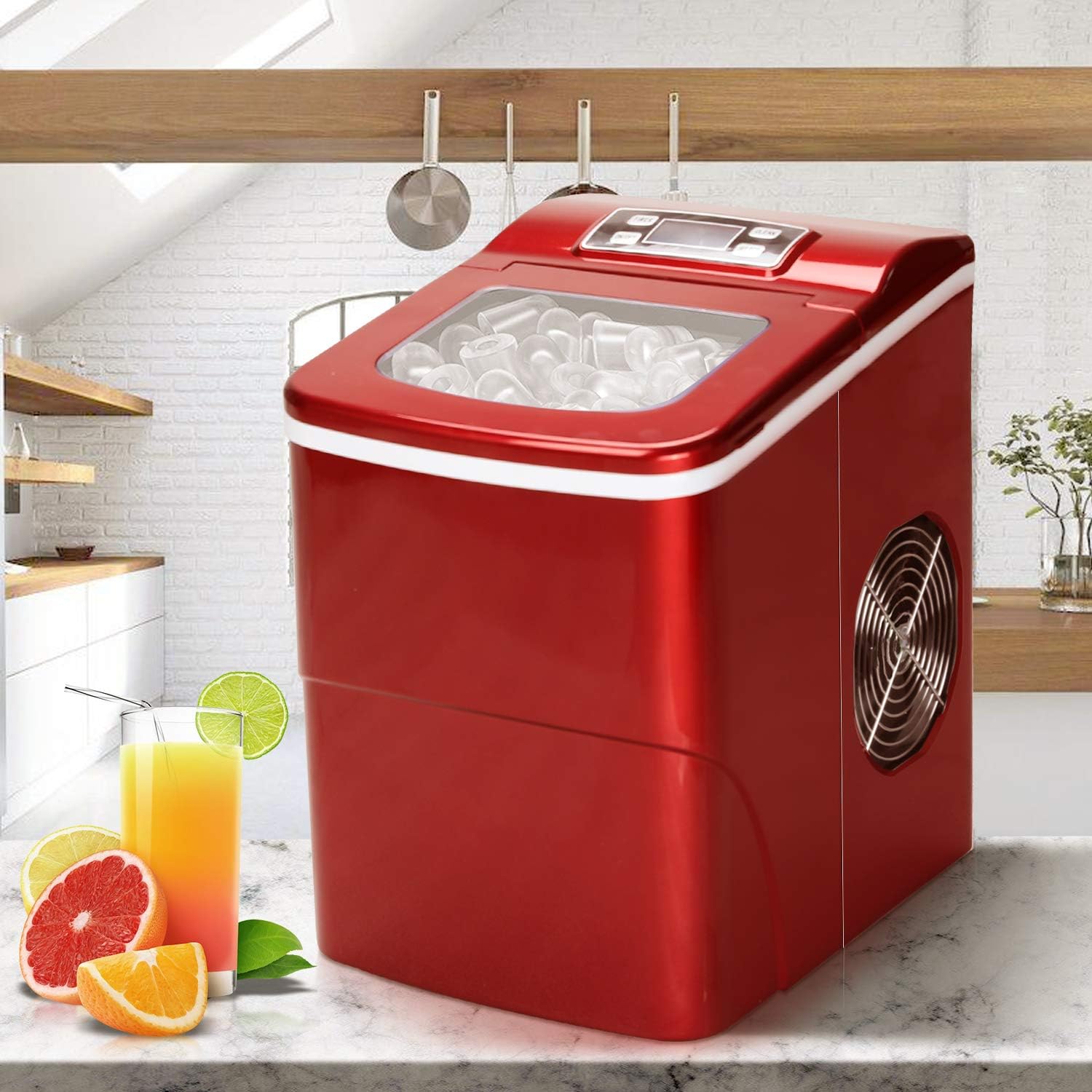 Countertop Ice Maker Portable Ice Making Machine -Bullet Ice Cubes Ready in 6 Mins - Makes 26 lbs Ice in 24 hrs - Perfect for Home/Office/Bar, LCD Display & Ice Scoop & Bucket(Red)