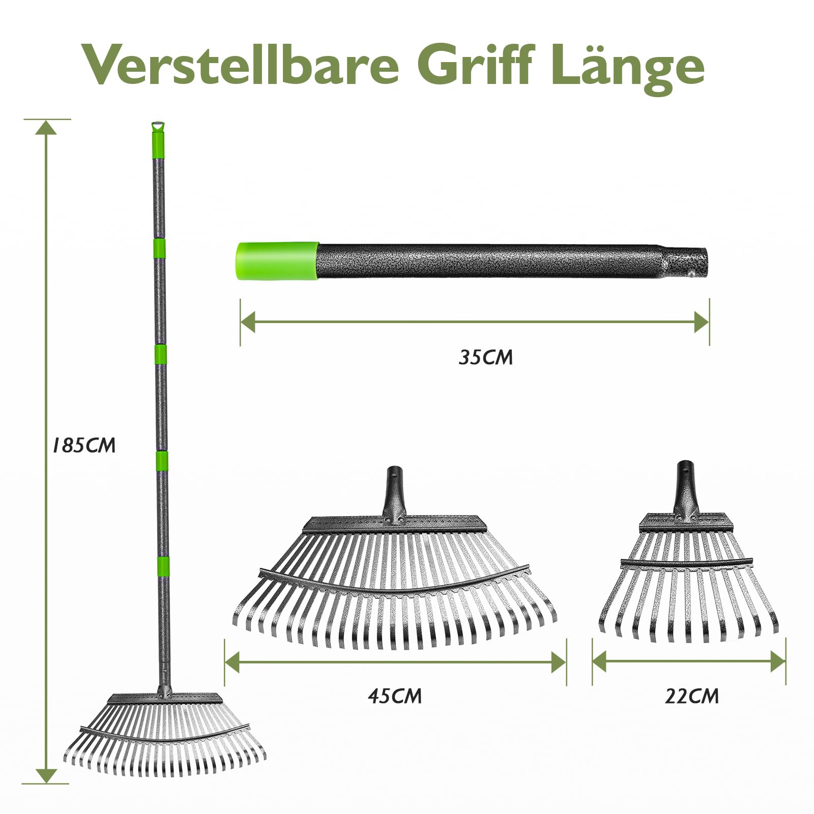 Rechen Garten,25+11 Zinken Laubrechen mit Stiel Metall, Verstellbarer Stiel (70-185 cm),Schwerlast Laub,Gartenharke für Laub, Rasen, Boden,inkl. 2 Handschuhe