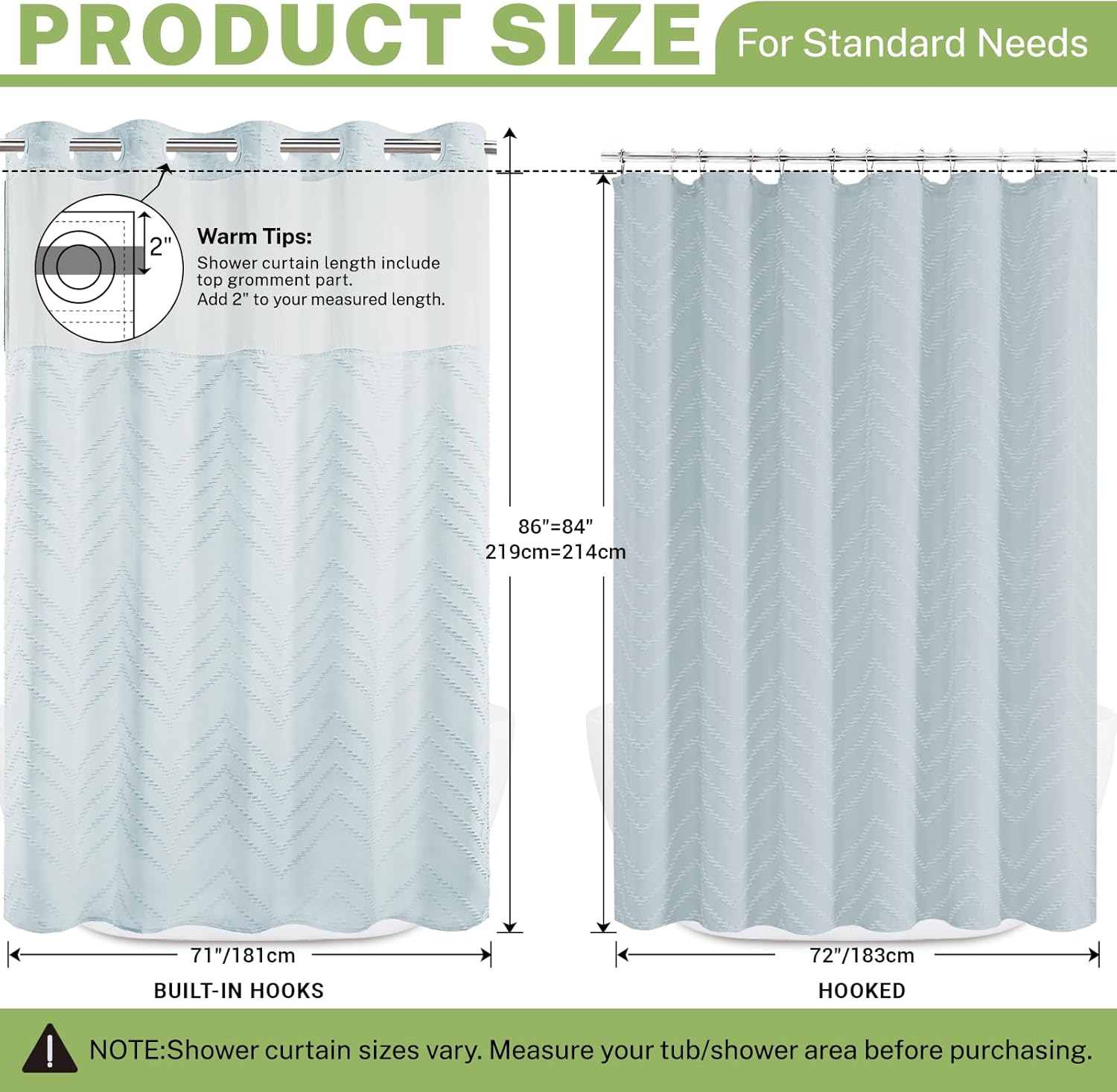 Extra Long No Hook Shower Curtain with Snap in Liner, Tufted Chevron Striped Shower Curtain Set for Bathroom, Boho Waterproof and Washable Shower Curtains, 71Wx86H, Fog Blue