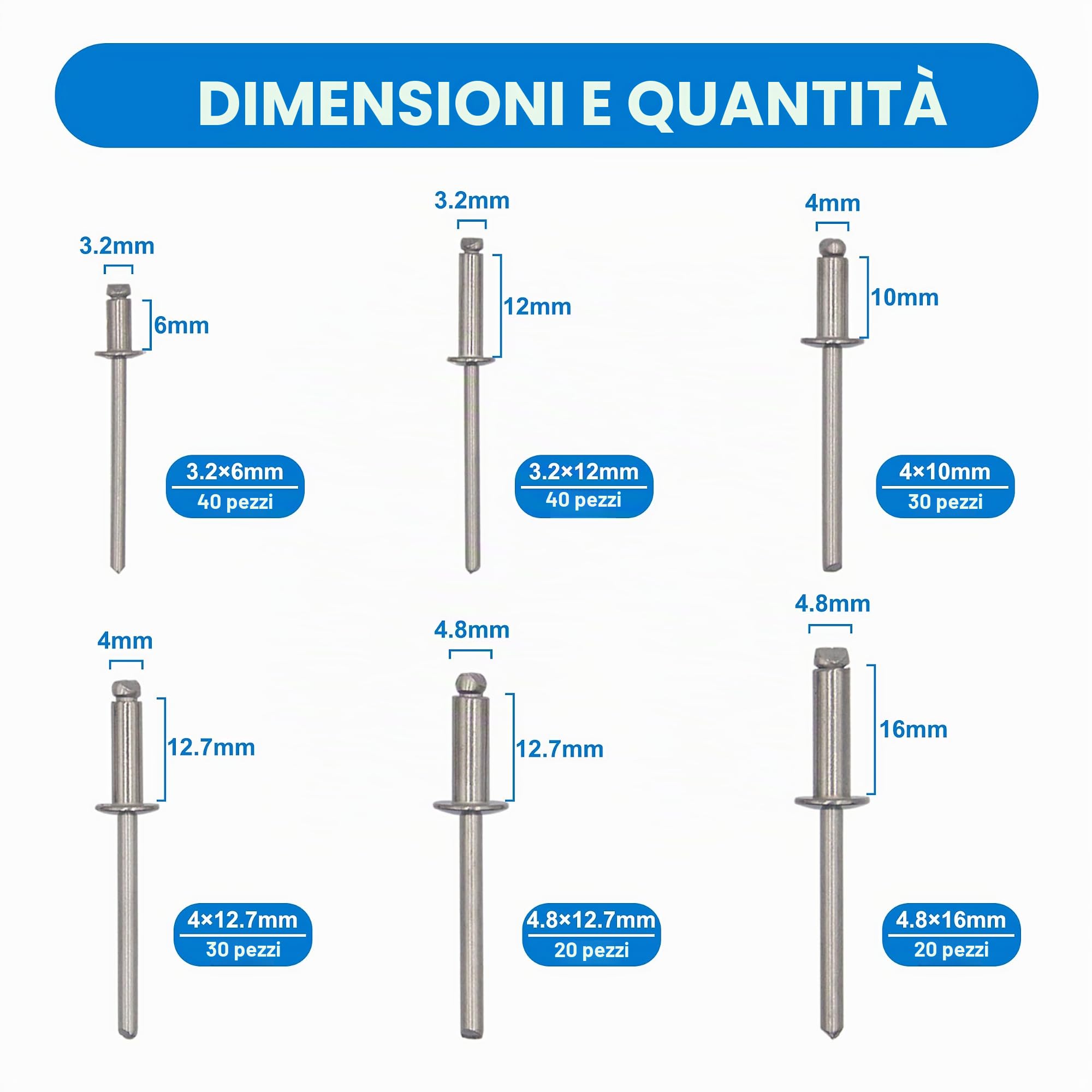Kit di 180 Rivetti Ciechi, Rivetti Pop in Acciaio Inossidabile 6 Misure Kit Assortimento Rivetti 3,2mm 4mm 4,8mm