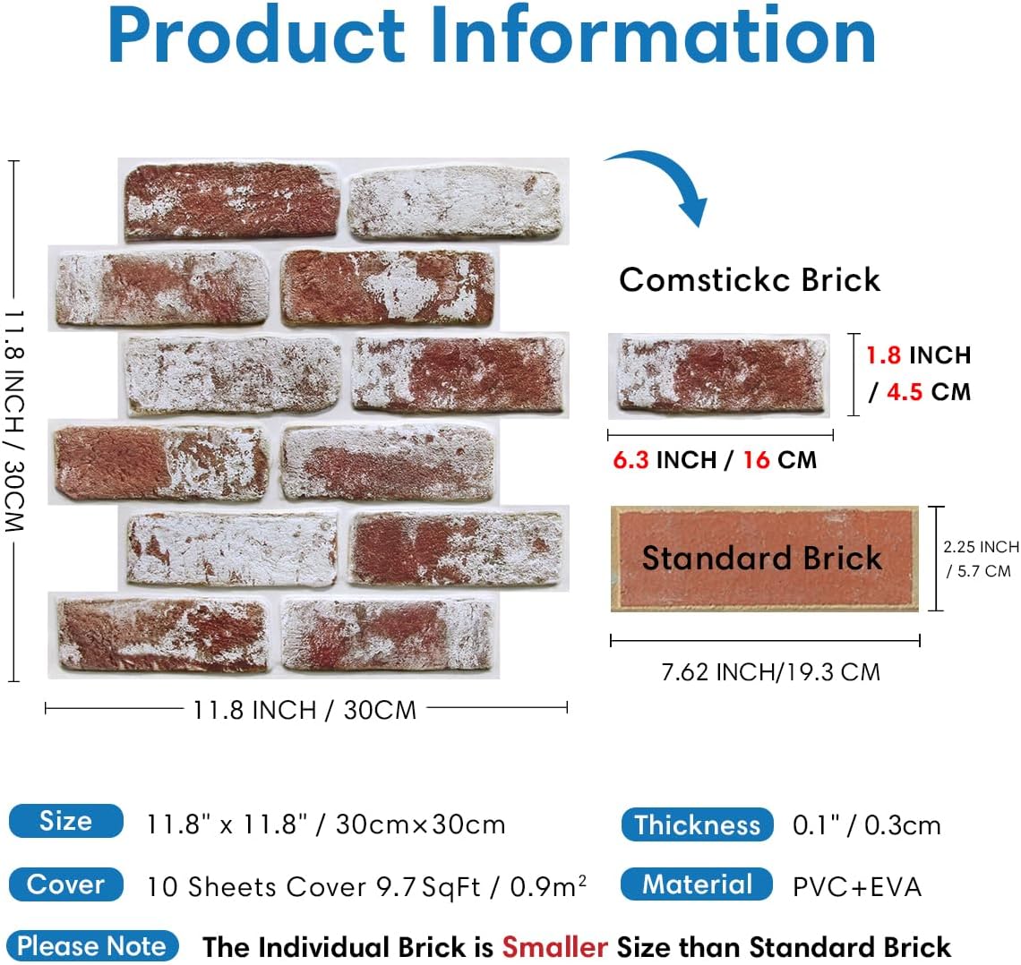 COMSTICKC 3D Faux Brick Wall Panels Peel and Stick,10 Pcs of 12"X12",Small Size Self Adhesive Brick Wallpaper Background for Interior Wall Decor, Whitewash Red