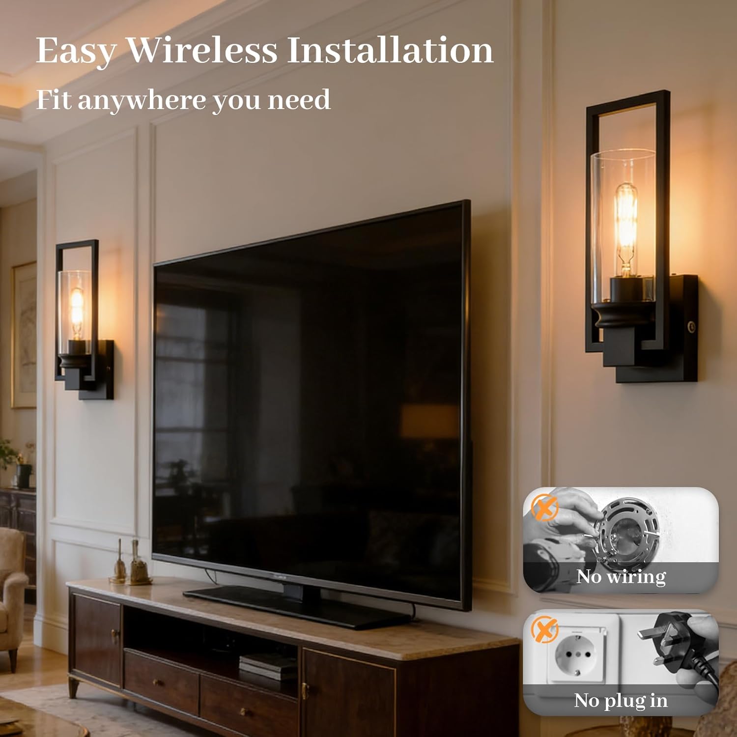 Wireless Wall Sconces with Remote Control, Battery Operated Wall Sconce Set of 2, Vintage Black Rechargeable Dimmable Wall Light for Bedroom Living Room Bathroom Hallway Entryway,3 Colors