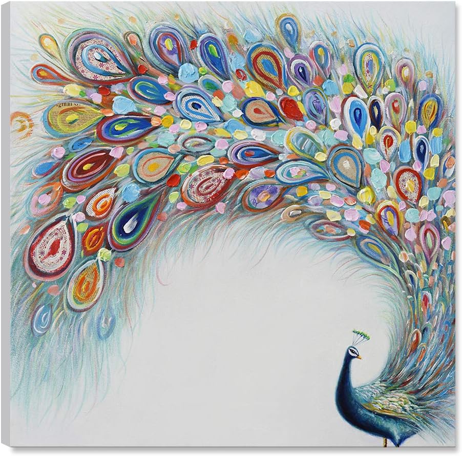 7CANVAS-Hand Painted Peacock Oil Painting Wall Art- Modern Animal Wall Decor Stretched Canvas Art Wall Decoration for Living Room Bedroom Decor 32x32 Inch