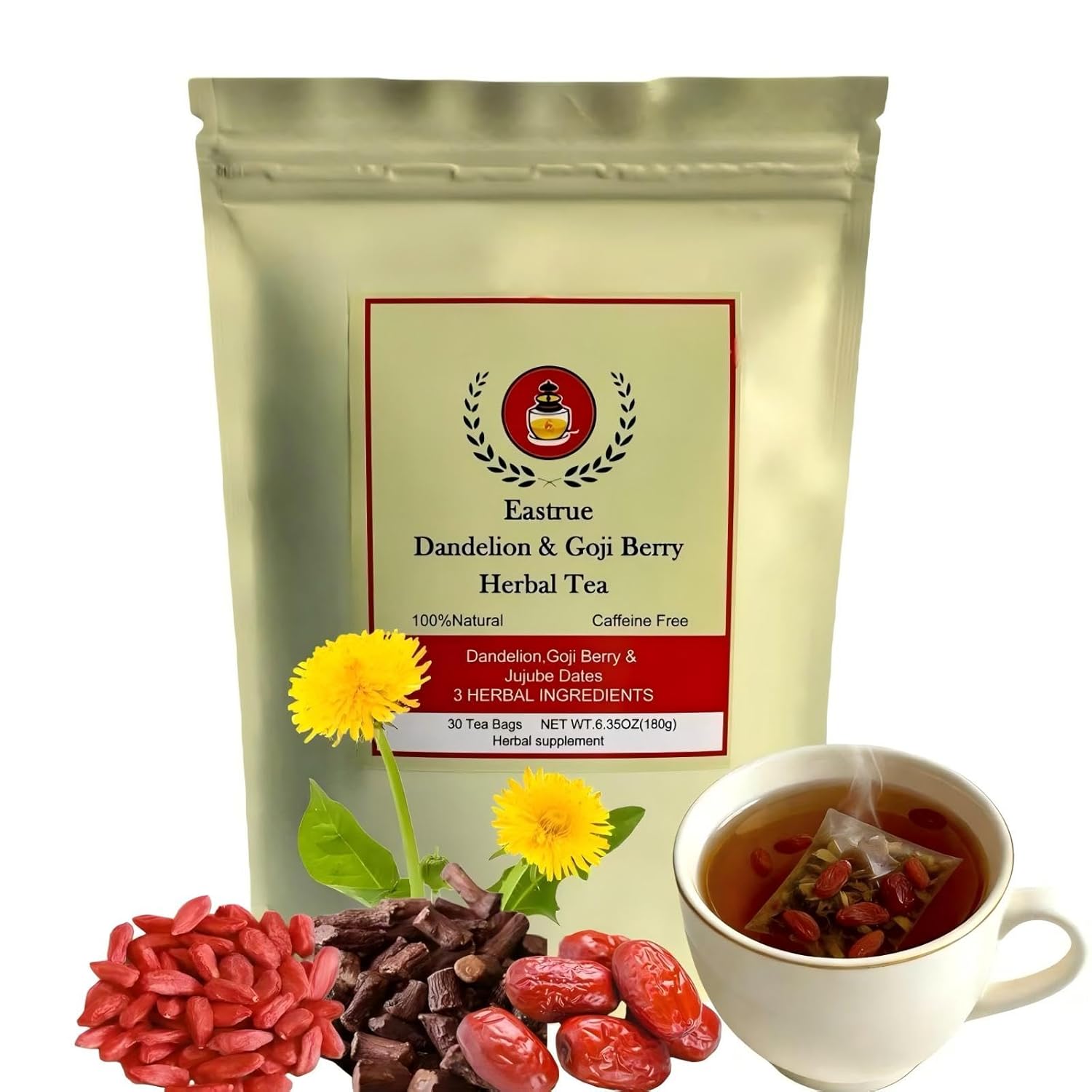 Dandelion Root & Goji berry Jujube Dates Tea- Detox Tea for Kidney & Liver cleanse detox & repair-Dandelion Wolfberry Tea,Chinese Herbal Tea for Wellness,Caffeine Free,Organic,(30Tea Bags/180g)