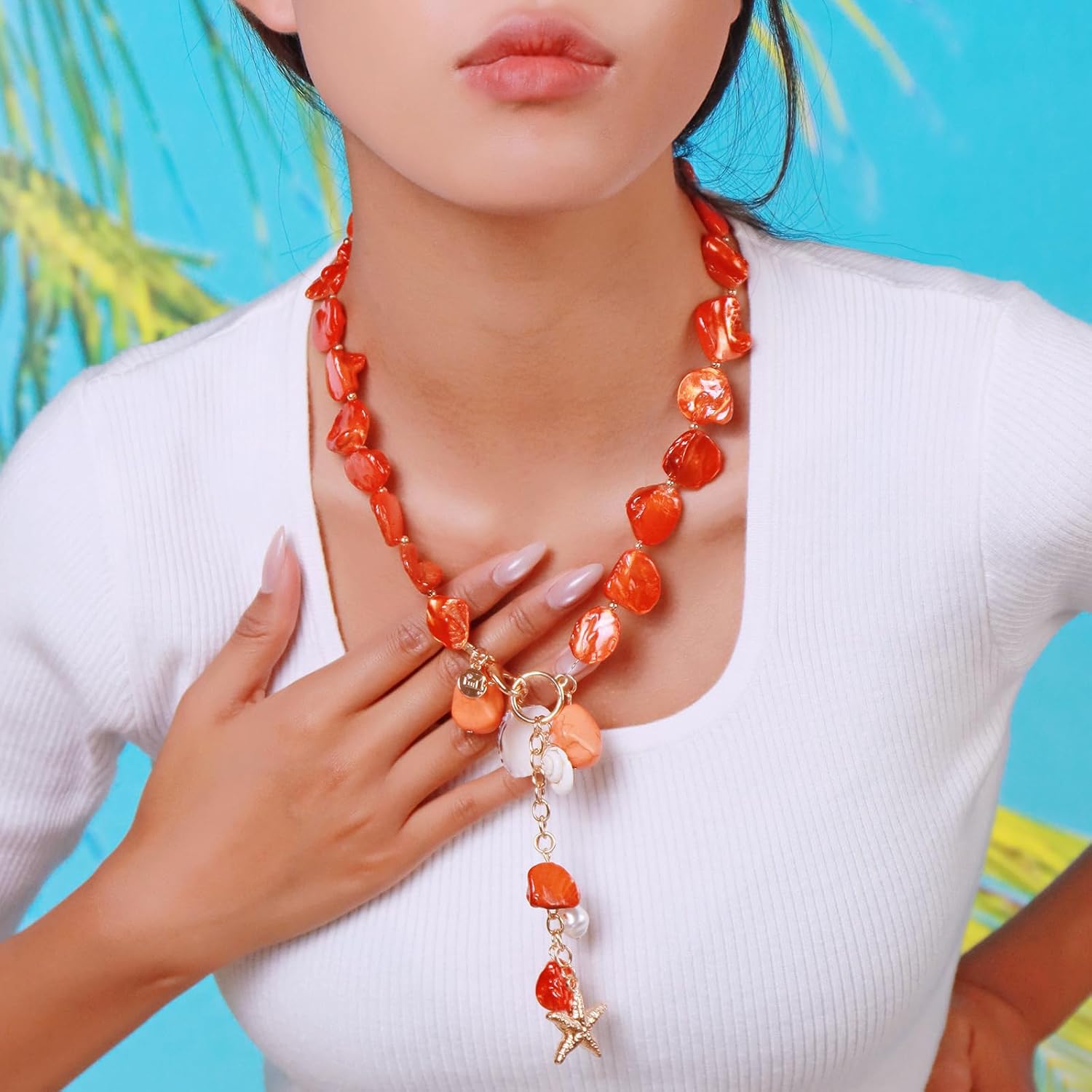 Firstmeet Natural Freshwater Shell Choker With Pearl Starfish Turquoise Pendant Irregular Mother of Pearl Necklaces for Women - Image 3