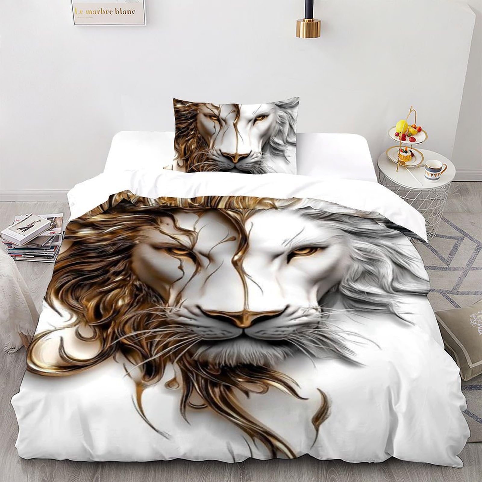 Housse de couette animaux 3D Lion d'or Blanc pour transformer la chambre d'enfant en safari