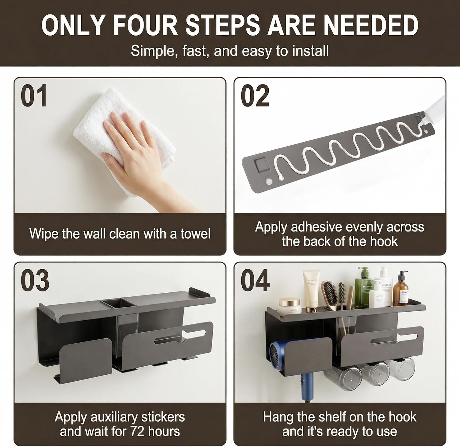 Hair Dryer Holder Wall Mount Metal,Adhesive/Drilling Bathroom Organizer with Shelf,Tissue Box&3 Free Cups,Rustproof Rack for Hair Styling Tools&Toothbrush,Grey