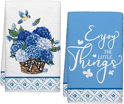 Blue Hydrangea Floral Fall Kitchen Towels Set of 2 18x26 Inch