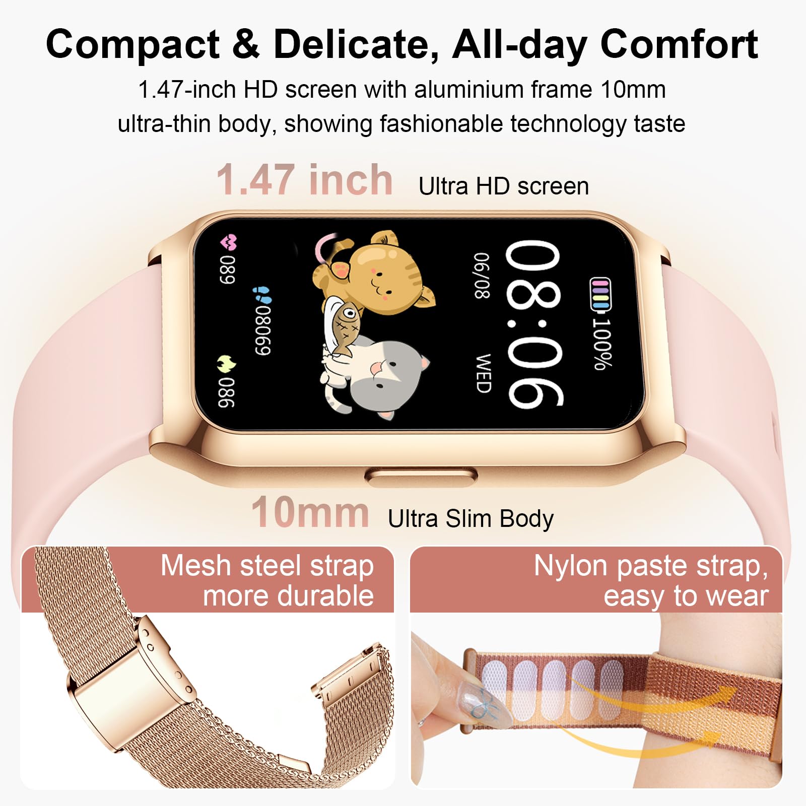 Montre Connectée Femme, 1.47" HD Smartwatch avec Cadre en Aluminium, 26 Modes Sportifs, Fréquence Cardiaque SpO2 Suivi Sommeil, Etanche IP68 Smartwatch Féminine pour Android iOS, Or Rose