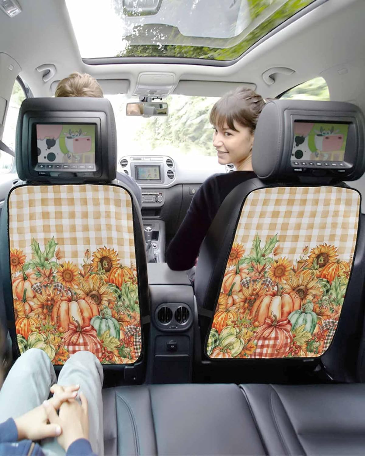 T&H XHome Car Seat Protector, 2 Pack Kick Mats Back Seat Protector Fall Thanksgiving Pumpkin Sunflower Bow Yellow Plaid Waterproof Backseat Cover for Kids Universal Fit Automotive Interior Protectors