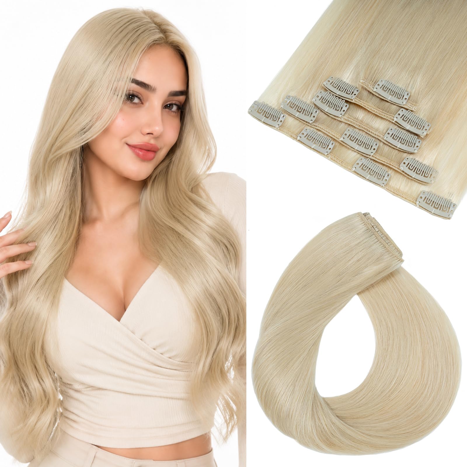Clip in Extensions Echthaar 5 Stück 45cm #60 Perlblond | Hochdichtes Echthaar Haarverlängerung,Vielfältig kombinierbar für unzählige Styling‑Varianten,100% Remy Human Hair