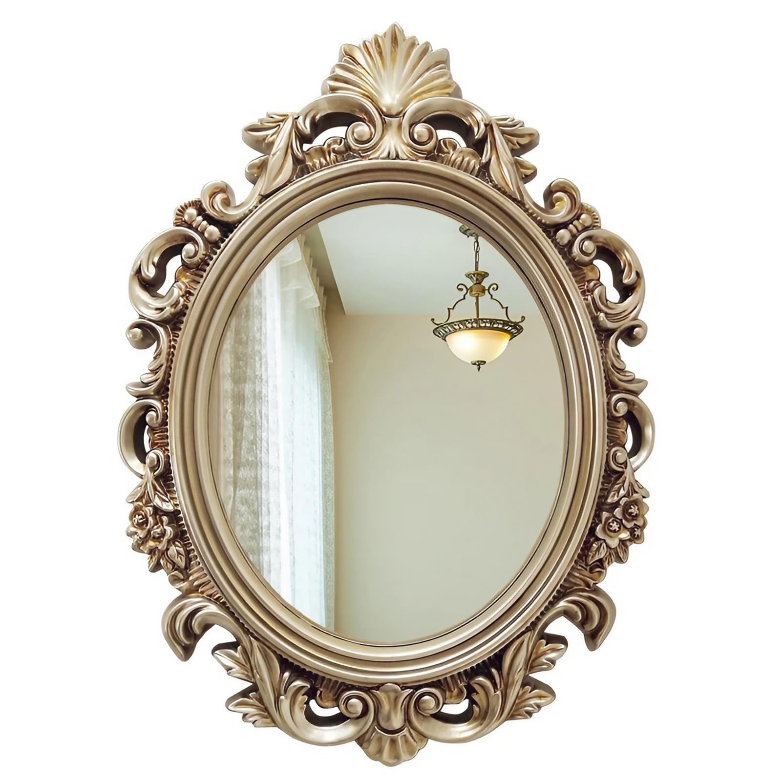 FGXHHS Vintage Fireplace Mirror for Wall Decor, 22×30 inch Oval with Silver Frame, Ornate Carved Vanity Living Room Bedroom Entryway