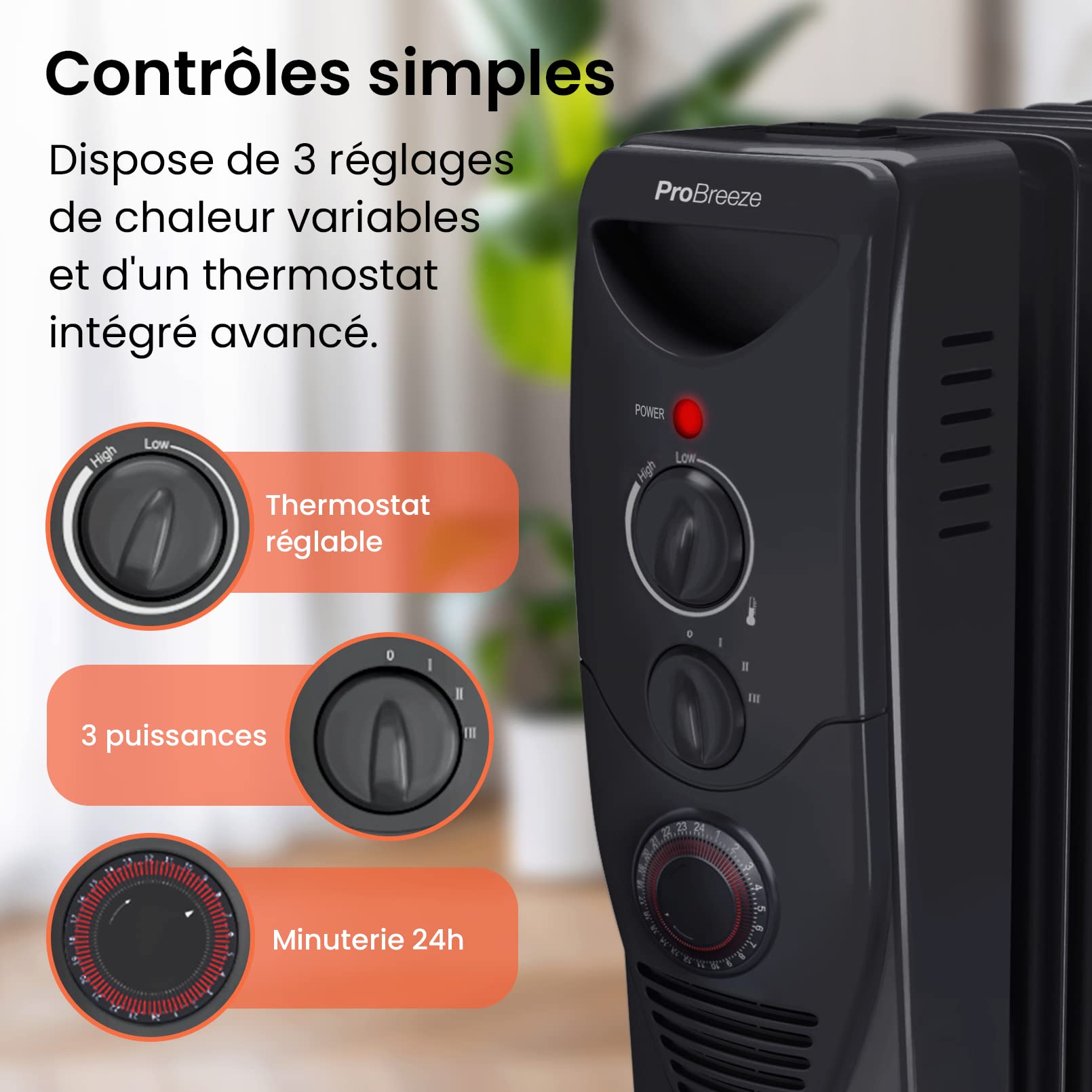 Pro Breeze Radiateur à bain d'huile 2500W, 11 éléments - Chauffage électrique portable avec Minuterie intégrée, 3 niveaux de chaleur, Thermostat réglable, Caractéristiques de sécurité intégrées - Noir