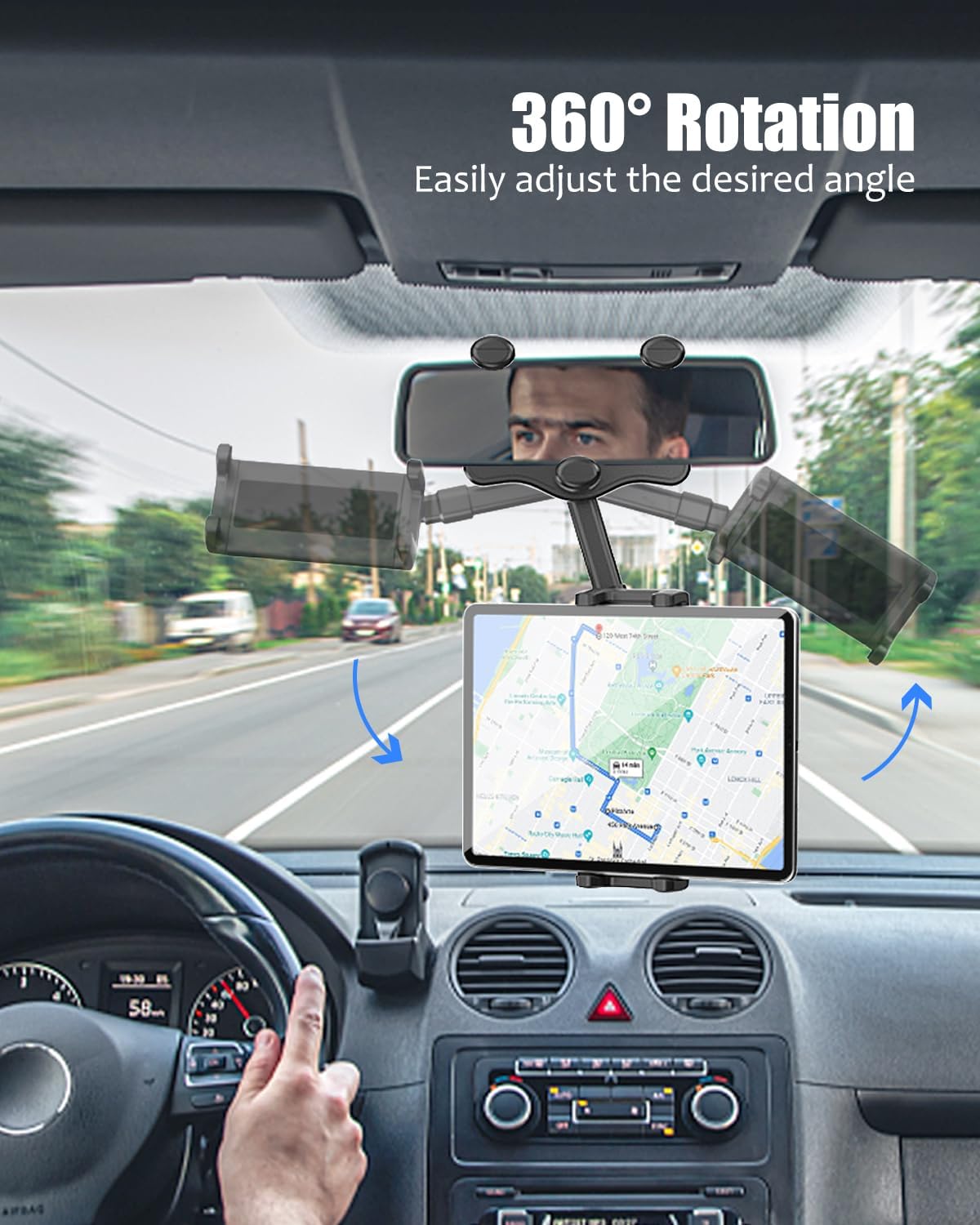 Tablet Holder for Car Rear View Mirror, Retractable Rearview Mirror Phone Mount, 360°Rotatable GPS Holder Stand Compatible with iPad Pro 12.9 Air Mini, Samsung Galaxy Z, 4-12.9" Devices