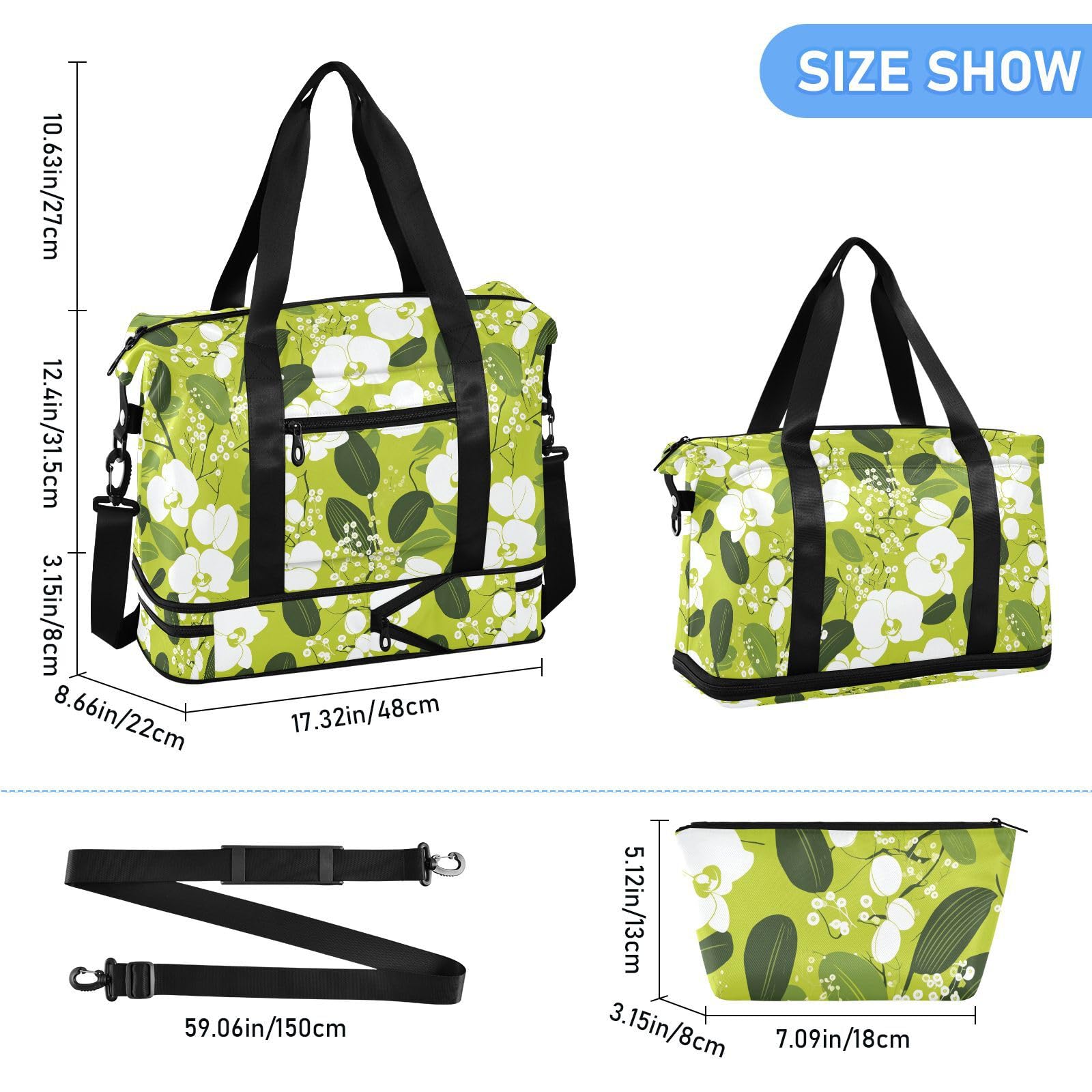 Reisetasche mit grünem Blumenmuster, Weiß, 2-teiliges Set, Reisetasche, Wochenendtasche, Übernachtungstasche, mit verstellbarem Gurt, für Flugreisen