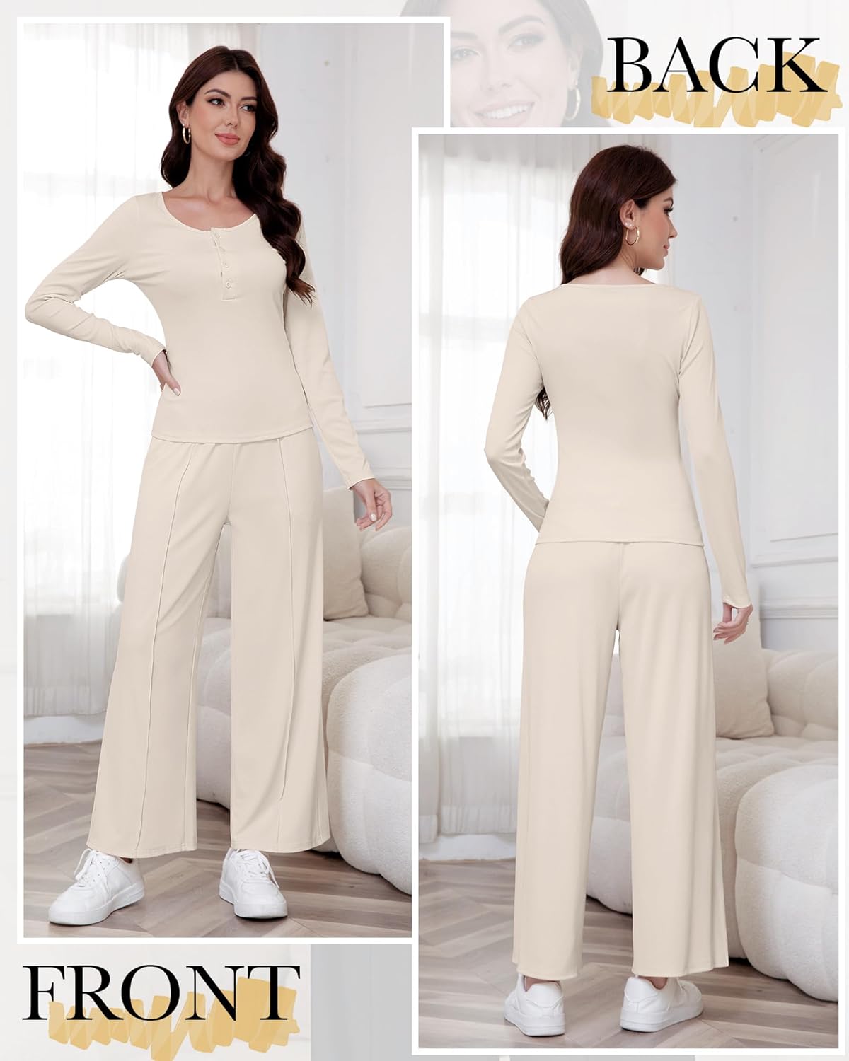 Women's 2 Piece Lounge Set 2025 Fall Travel Outfits Knit Long Sleeve Top Henley Shirt Wide Leg Pants Airport Clothes - Image 2