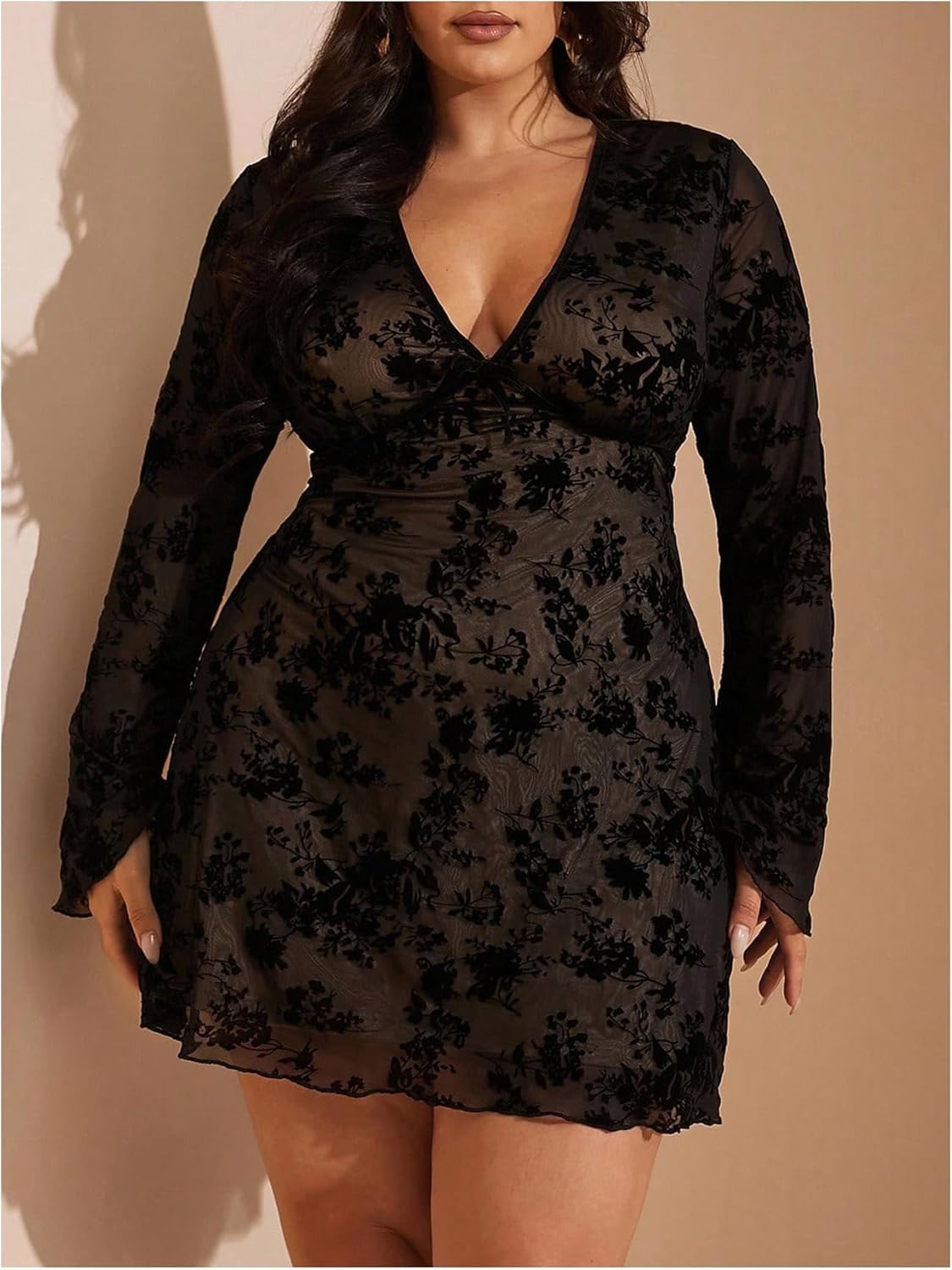 Women's Plus Size Vintage Floral Mesh Mini Dress Ruffle V Neck Bell Long Sleeve Going Out Dresses - Image 3