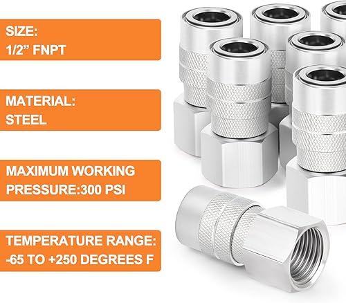 Miniatura 27 de GASHER Acoplador industrial femenino de 12 piezas, 1/4 pulgadas, acoplador de aire de conexión rápida de flujo básico de 1/4