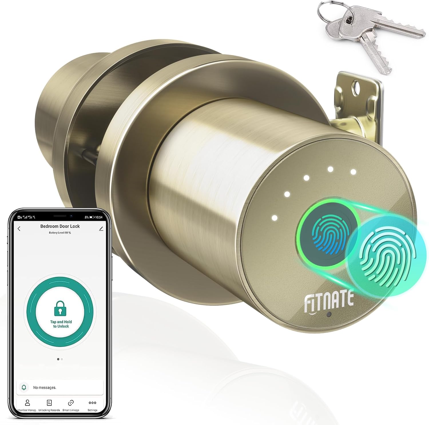 FITNATE Fingerprint Door Knob, Smart Biometric Door Lock with App ...
