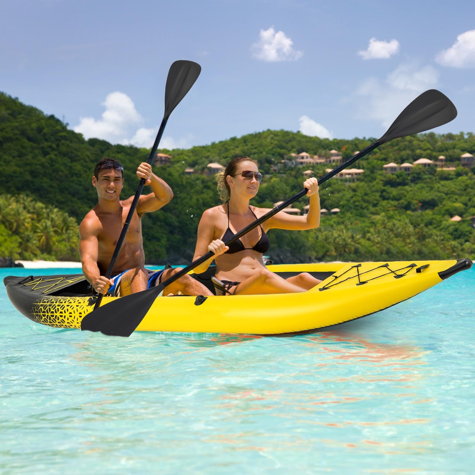 GYMAX Kayak Gonflable pour 2 Personnes, 2 Pagaies en Aluminium, Pompe à Main, 2 Ailerons, Sièges Rembourrés, Repose-Pieds Réglables, Capacité 230 Kg