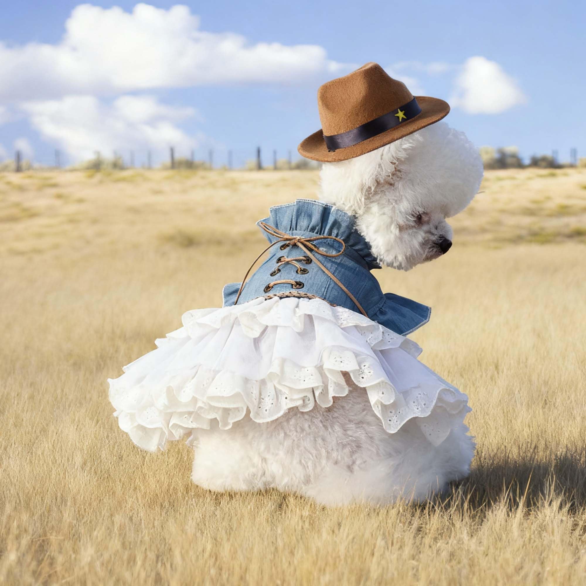 Abito in Denim da Cowgirl per Cani Occidentali con Cappello per Cani, Costumi per Animali Domestici Halloween Texas Cowboy Cowgirl Abiti per Cani di Piccola Taglia Ragazza Abbigliamento per Gatti