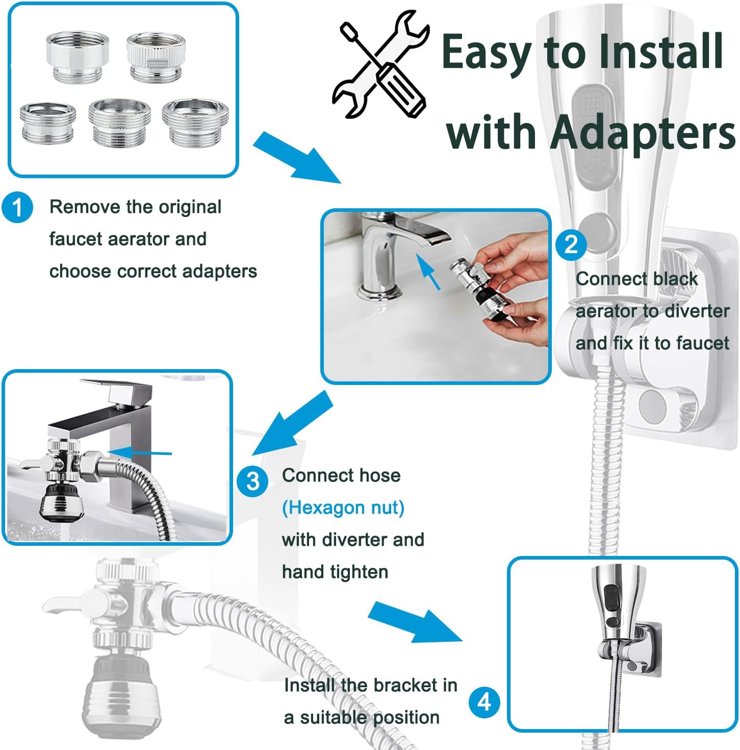 Kitchen Sink Sprayer Attachment for Faucet, ON/OFF Faucet Sprayer Head with Stainless Steel Hose，3 Way Brass Diverter with Aerator, for Kitchen Cleaning, Pet Shower,Hair Washing (5 Adapters）