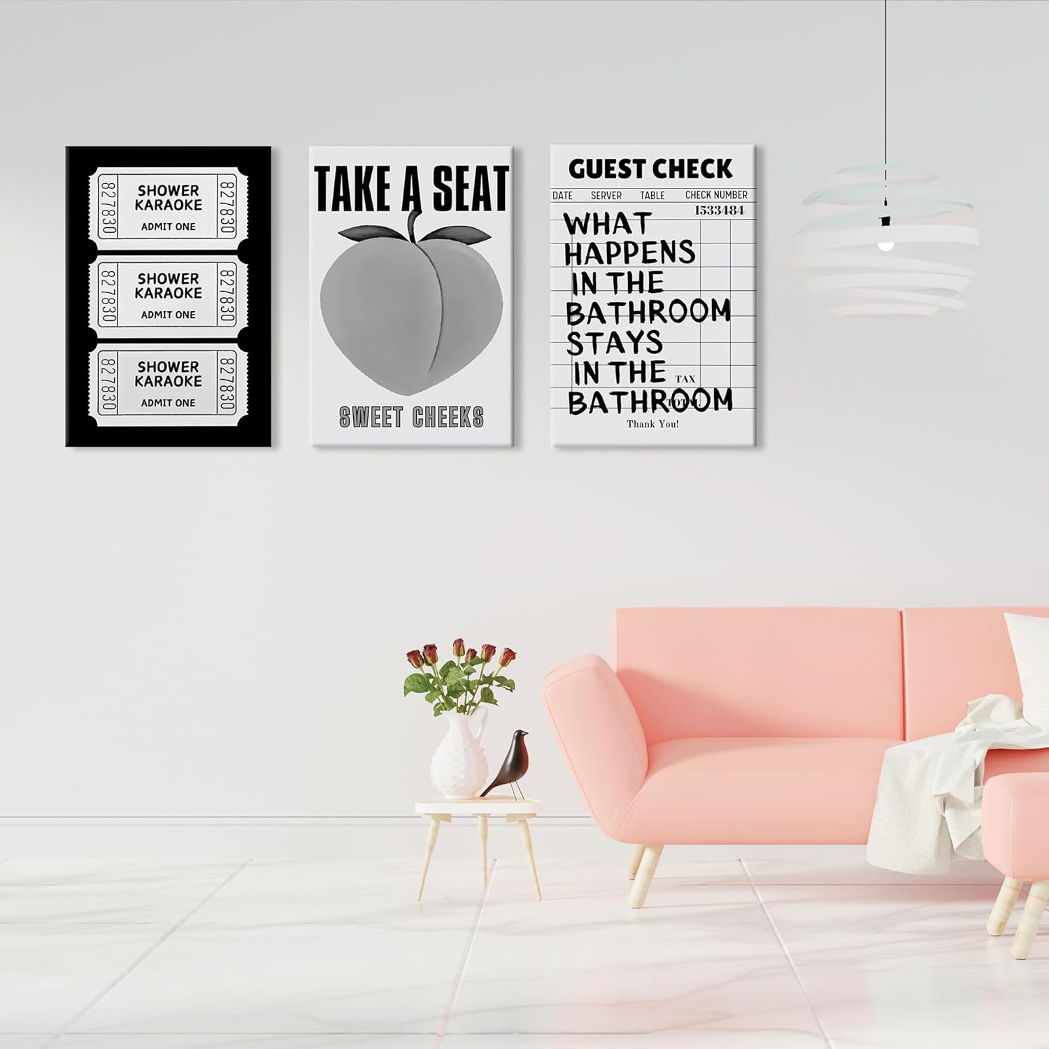 UCRAASDEB Framed Trendy Black and White Peach Bathroom Wall Art Retro Funny Shower Karaoke Ticket Guest Check Poster Prints Wall Decor for Bathroom Washroom Restroom Toilet 16'' x 12''
