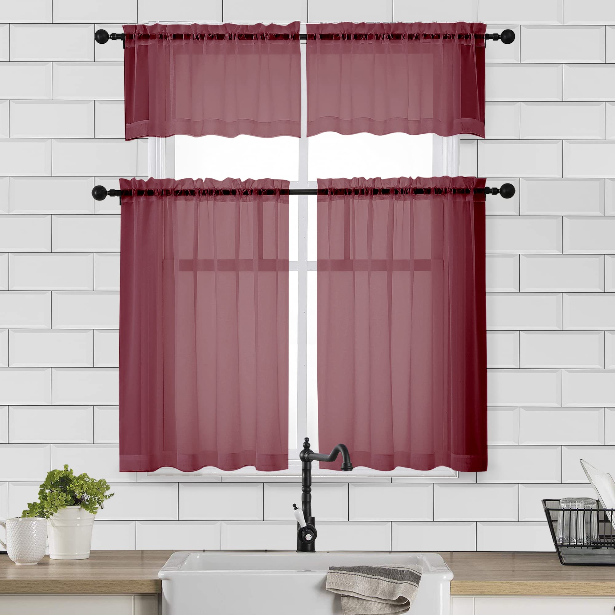 Lot De 2 Rideaux Voile Transparents Chyhomenyc - 106 X 91 Cm, Passe-tringle Inclus, Pour Cuisine, Salle De Bain, Salon (Noir)
