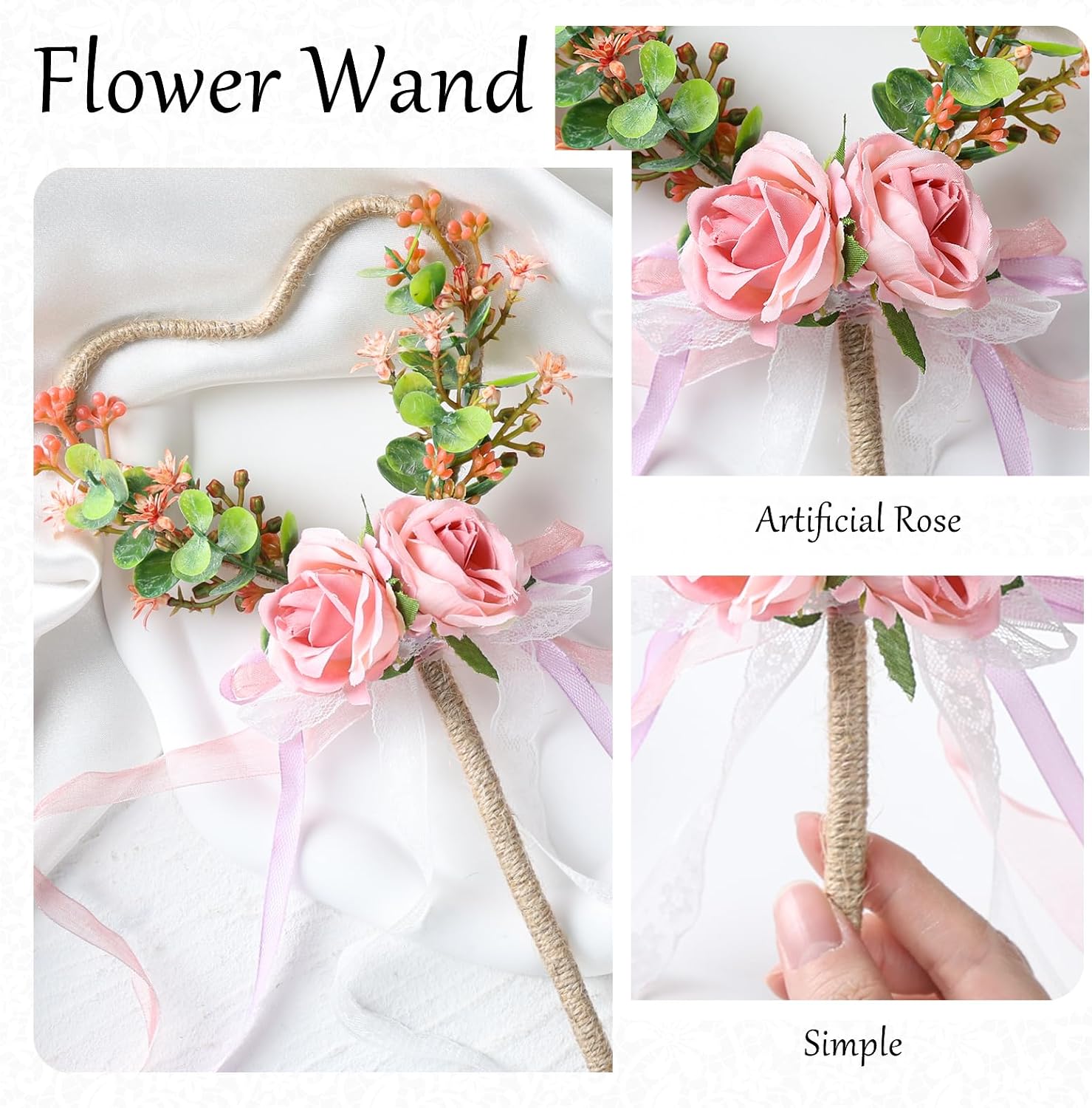Flower Girl Wand - Woodland Rose Heart Fairy Wand with Ribbon for Wedding Bridal Shower Party Cosplay