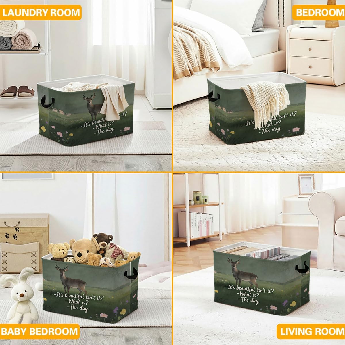 Deer Laundry Hamper with Handles,Large 56L Foldable Square Clothes Basket Multi‑Use Blanket Storage Bins for Organizing Books,Toys,Gifts,Room Decoration,Laundry Room,Dorm Nursery