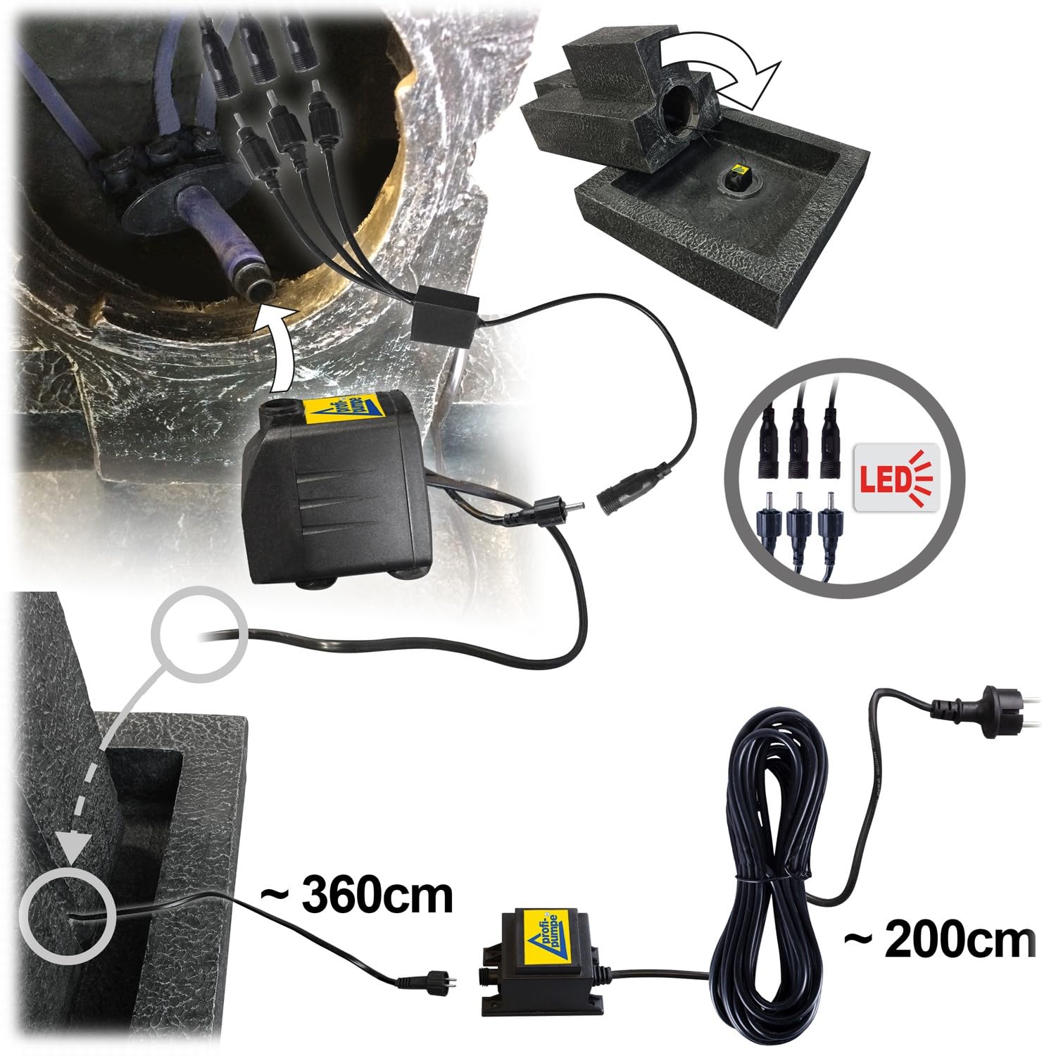 Gartenbrunnen mit Pumpe und LED Leuchte Trio-Basalt - 230V Wasserspiel (dunkelgrau)