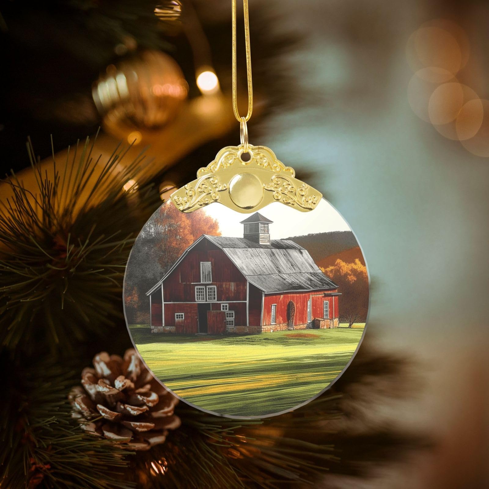 Crystal Christmas Ornaments for Christmas Tree Decoration Hanging Barn Ornament with Gold Ribbon Crafts Round Pendant for Keepsake Gifts Glass Xmas Decor Party Supplies
