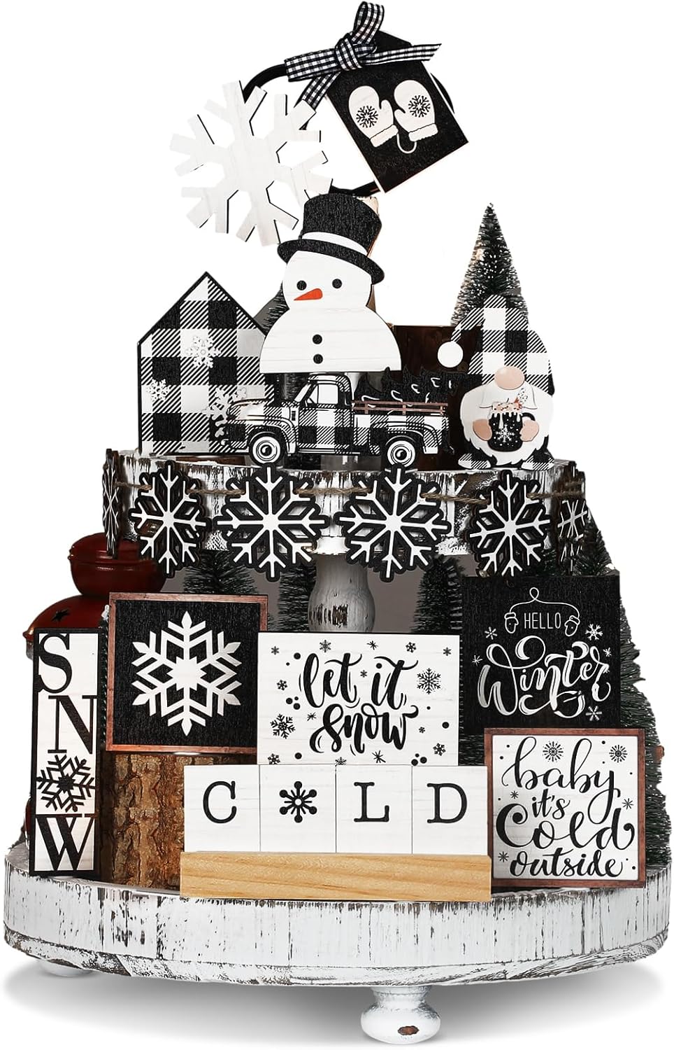 17 Pcs Winter Tiered Tray Decor Set Christmas Tiered Tray Decorations Black and White Buffalo Plaid Wooden 3D Sign Snowman Snowflake Table Centerpieces for Xmas Farmhouse Home Rustic Decor Cool
