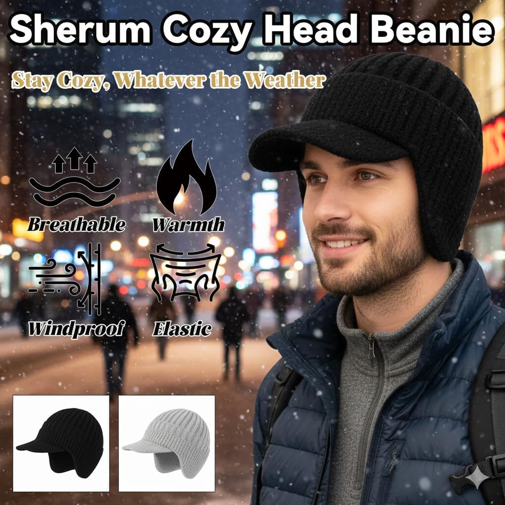 Winter Cozy Head Beanie Hat with Brim & Ear Flaps, Warm Knitted Ear Cover Skull Cap for Outdoor Sports, Skiing, Men & Women