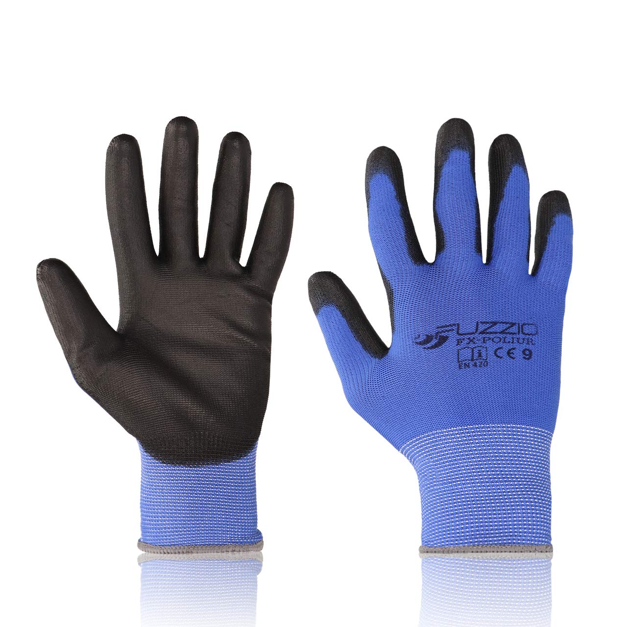 FUZZIO Lot de 40 paires de gants de travail avec revêtement PU Gants de construction avec pince à gants L-9 Bleu