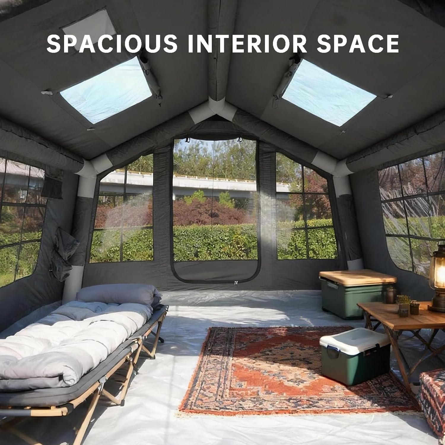 8㎡ Luxury Inflatable Camping Tent for 3-8 People, UV-Resistant 4-Season Family Tent with Chimney Port & Skylight, Oxford Fabric or Tech Cotton – White, Tank Gray, Aurora Green