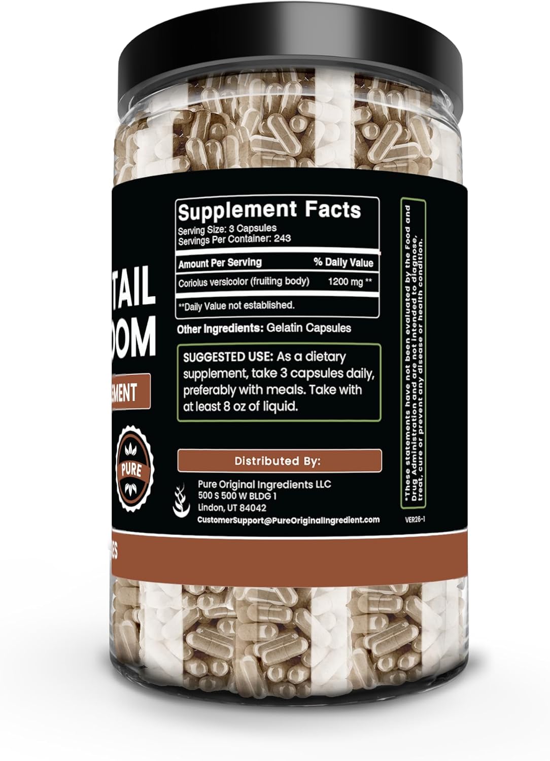 PURE ORIGINAL INGREDIENTS Turkey Tail Mushroom (730 Capsules) No Magnesium Or Rice Fillers, Always Pure, Lab Verified