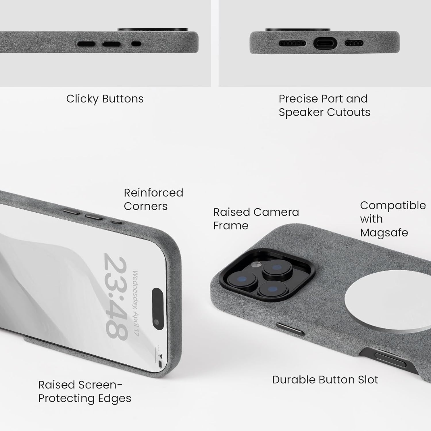 Alcantara Full-Wrap Phone Case for iPhone 16 Pro Max, Compatible with Mag-Safe Wireless Charging, Handmade Full-Wrap Italian Synthetic Suede Cover (Gray)