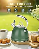 Vista 7 de Harriet Tea Kettle Stovetop, 2.5 Quart Whistling Stainless Steel Tea Pot, 3-Layer Base, Unique Ergonomic Handle, Includes Pot Holder & Mat