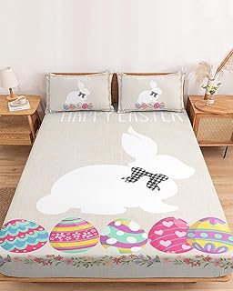 Happy Easter White Bunny Twin XL Fitted Sheets Deep Pocket Up to 16