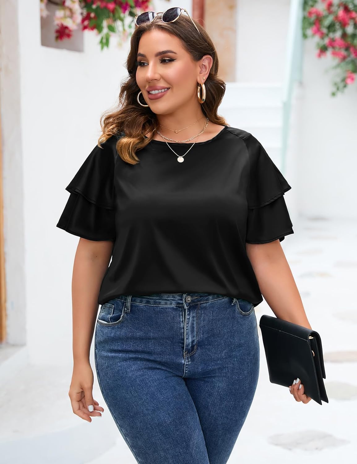 ZOMVA Women's 2024 Plus Size Satin Blouse Short Ruffle Sleeves Silk Top Dressy Shirt Office Elegant - Image 5