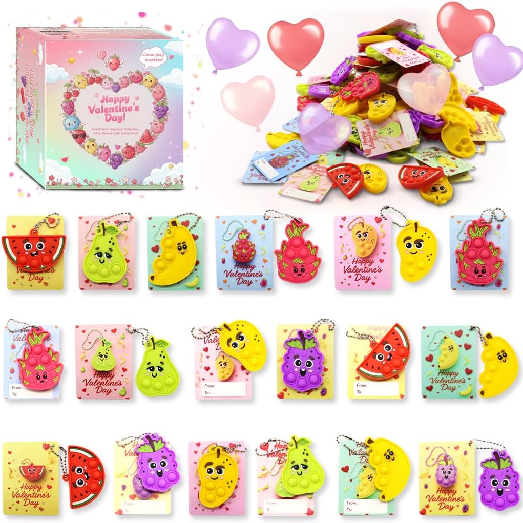 30Pcs Valentine's Day Gifts for Kids, Valentine's Day Fruit Pop Keychain Fidget Toys Pack, Valentine Exchange Cards for Classroom, Bulk Valentine Gifts for Kids Boys and Girls, Goodie Bag Stuffers