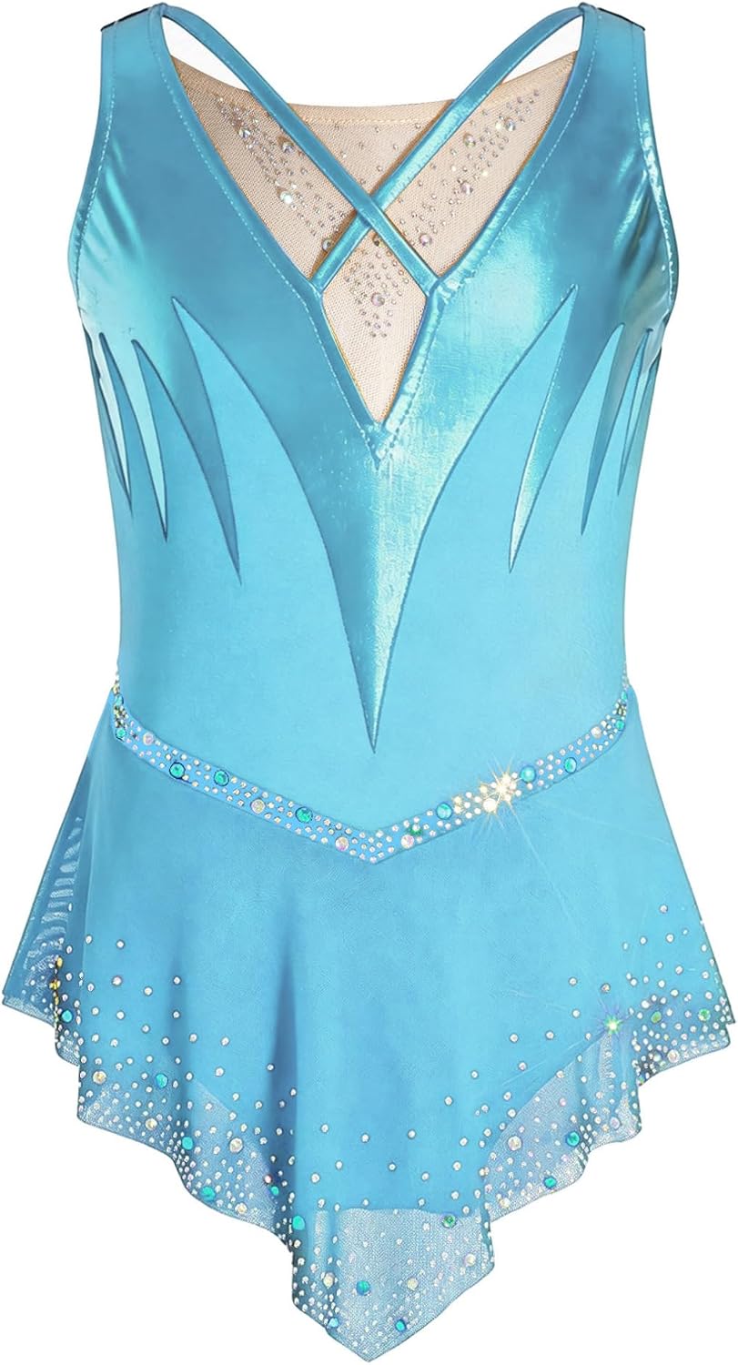 Agoky Kids Girls Figure Skating Dress Rhinestone Color Block Leotard Sparkle Dance Dress Performance Dancewear