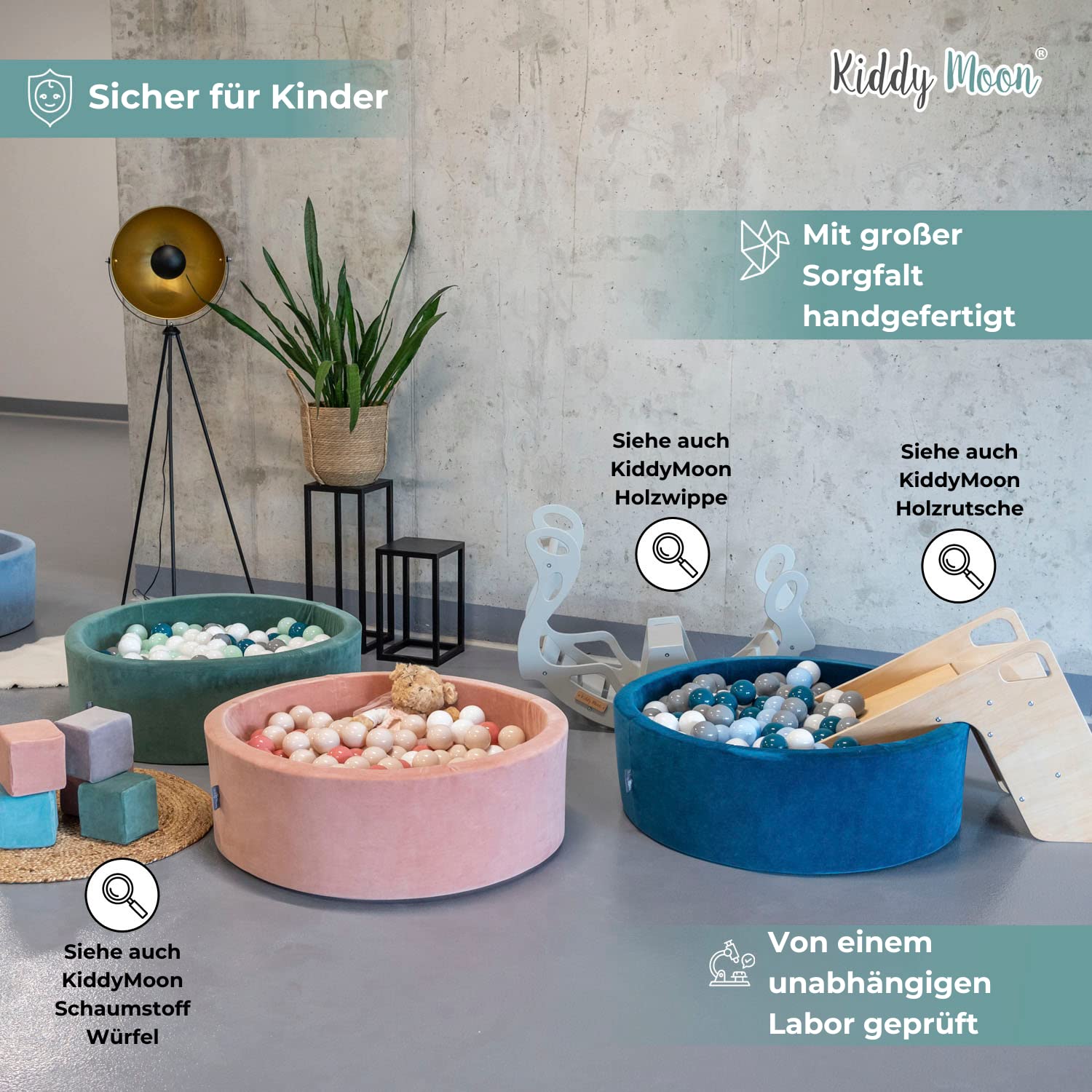 KiddyMoon Velours Bällebad Rund für Babys 90x30 mit 200 Bälle 7cm Ballgruben Sensorik Spielzeug Waldgrün - Dunkeltürkis Grau Weiß Minze