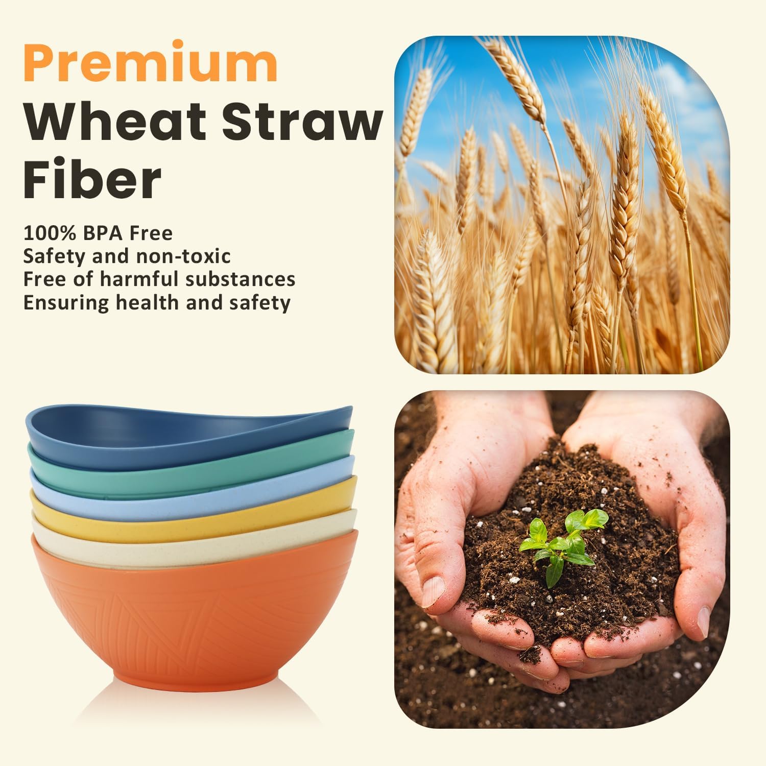 Homienly 60oz Wheat Straw Bowls Set of 6 Salad bowls Large Capacity Popcorn Bowl Unbreakable Serving Bowls Microwave & Dishwasher Safe Bowl Set Alternative for Plastic Bowls for Kitchen - Multi-colors - Image 3