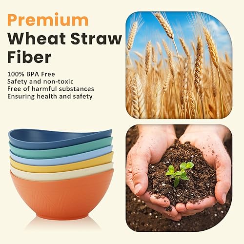Miniatura 3 de Homienly Juego de 6 cuencos de paja de trigo de 60 onzas, cuencos de ensalada de gran capacidad, cuencos irrompibles para servir microondas y