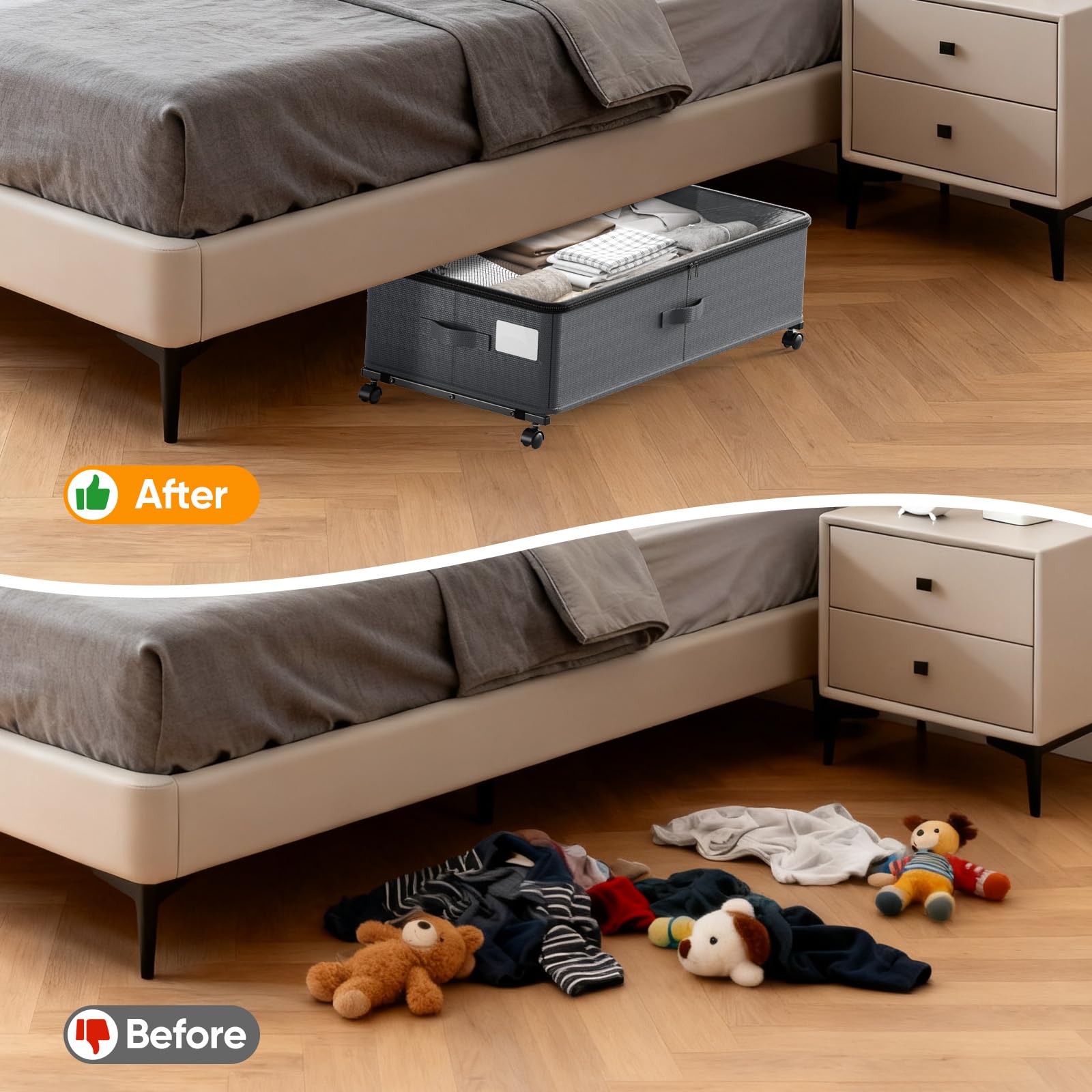 Contenitore sotto il letto con ruote, confezione da 2 contenitori scalabili sotto il letto con coperchi, organizer per scarpe sotto il letto, cassetti per vestiti, scarpe, giocattoli, ecc