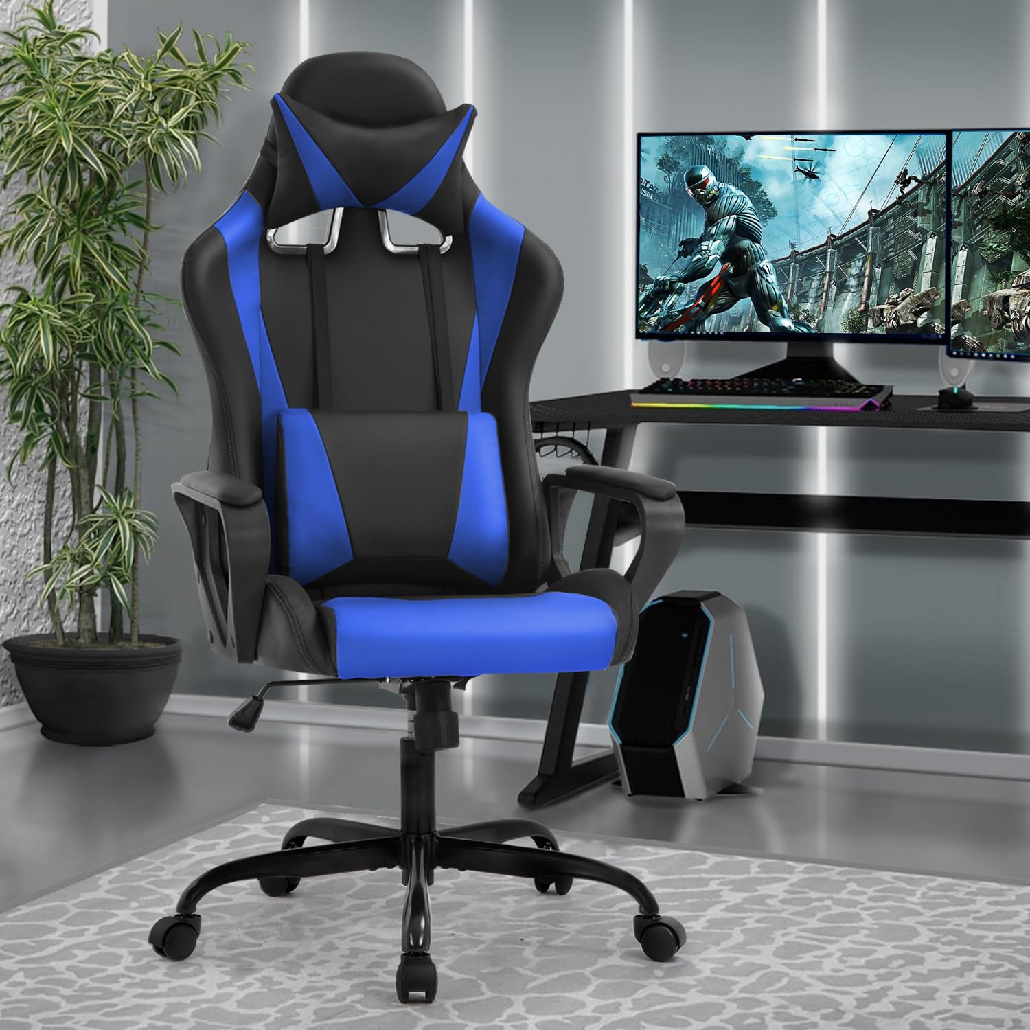 BestOffice Chaise Gaming,Ergonomique Fauteuil Gaming,Chaise Gamer avec Coussin Lombaire et Appui-tête, Siege Gaming Hauteur Réglable, Siège Gamer Bleu