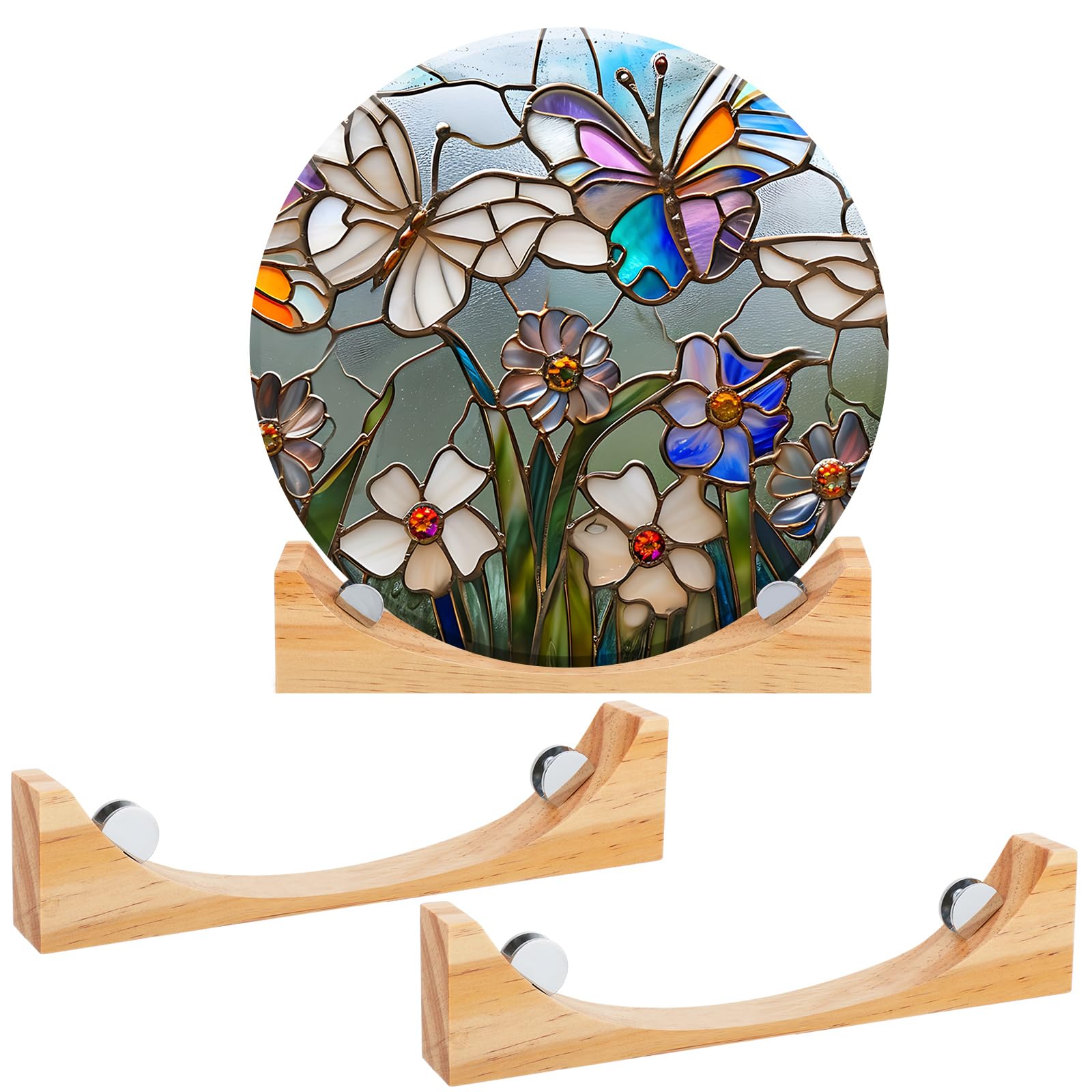 AceOrbit 2 Pcs 12 Inch Wood Adjustable Round Glass Display Stands Easel